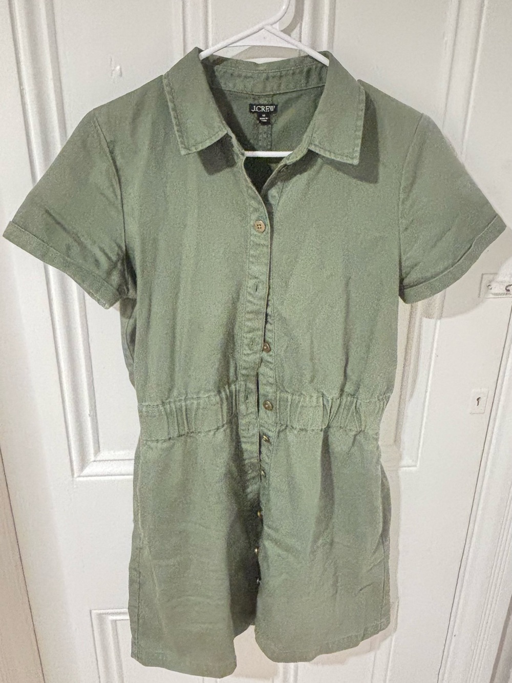 J. Crew Short-Sleeve Button-Front Utility Dress in Sage Green